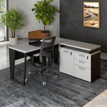 Mesa L Escritório 1,5m Pé Metal Armário 3 Gavetas 1 Porta F5