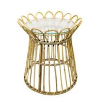Mesa Lateral Bambu Borda Circulos Decorativa Tampo Vidro