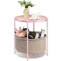 Mesa lateral danpinera redonda com armazenamento de tecido rosa claro