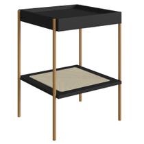 Mesa Lateral de Apoio Oslo Artesano 43 cm (largura) MDP Nero Palha Sintética Bege Pé Metal Dourado
