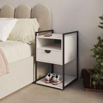 Mesa Lateral Industrial Tókio com Gavetas em Ferro Preto para Dormitório - Tampo Branco