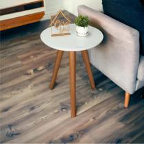Mesa Lateral Redonda com Vidro e Pés Palito MDF Branco Pés em Madeira Maciça 50x40cm Marrom Mesa Lateral Redonda com Vidro e Pés Palito MDF Branco Pés em Madeira Maciça 50x40cm Marrom