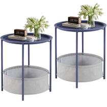 Mesa lateral redonda VECELO com cesta de armazenamento de tecido azul x2