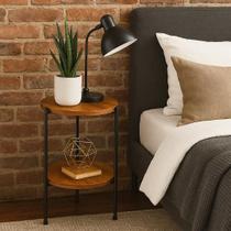 Mesa Lateral Sofá Redonda Marrom Com Ferro Preto Mesinha De Cabeceira Moderna Sala Cama Tv