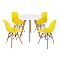Mesa Laura 80cm Branca + 4 Cadeiras Eames Eiffel - Amarela