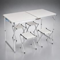 Mesa Maleta Dobrável Alumínio 120x60cm com 4 Cadeiras Altura Ajustável