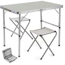 Mesa maleta dobravel em aluminio com 2 banquinhos portatil 90x60cm camping praia jardim varanda