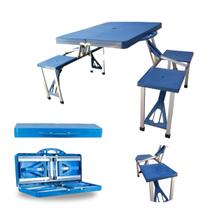 Mesa Mesinha Camping Dobrável 4 Bancos Azul Vira Maleta