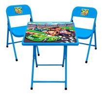 Mesa Mesinha Infantil Dobrável Azul Carros com 2 Cadeiras Conjunto em aço Até 40 Kg Mesa Pequena Estampada