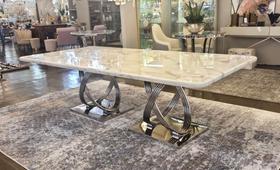 Mesa Metal Prata Tampo Marmore Branco Veios Moderno Luxuosa - luxdecorcasaejardim