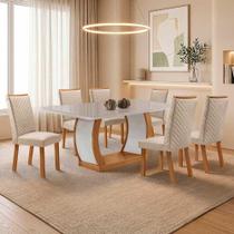 Mesa Milena 6 Lugares MDF Vidro Serigrafado Cadeiras Lira Veludo Off White Moderna