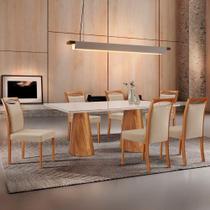 Mesa Noronha 180cm Tampo Com Vidro Laqueado Com 6 Cadeiras Linho Premuim Imbuia Natural Off White