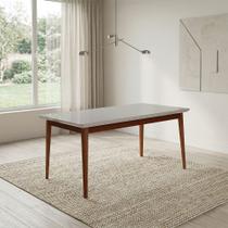 Mesa Onix 180cm Vidro Off-white com Pes Madeira Macica para Sala de Jantar Elegante Moderna - Imbuia