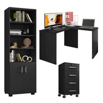 Mesa para computador com Extensora e Gaveteiro Gávea com Chave 4 Gavetas e Livreiro Office com Portas Pequenas Preto Fosco - Móveis Leão