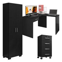 Mesa para computador com Gaveta e Extensora e Gaveteiro Gávea com Chave e Livreiro Office Portas Grandes Preto Fosco - Móveis Leão