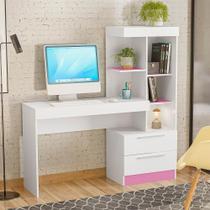Mesa Para Computador Escrivaninha Home Office Estudos 2 Gavetas Escritório Quarto Branco e Rosa Flex