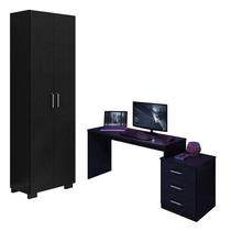 Mesa para Computador Gamer DRX 5000 e Livreiro Office com Portas Grandes Preto Trama - Móveis Leão