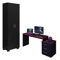 Mesa para Computador Gamer DRX 5000 e Livreiro Office com Portas Grandes Preto Trama Vermelho - Móveis Leão - MOVEIS LEAO