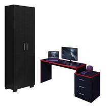 Mesa Para Computador Gamer Drx 5000 E Livreiro Office Com Portas Grandes Preto Trama Vermelho - Móveis Leão