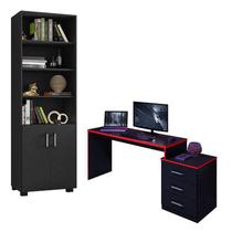 Mesa para Computador Gamer DRX 5000 e Livreiro Office com Portas Pequenas Preto Trama Vermelho - Móveis Leão - MOVEIS LEAO