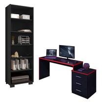 Mesa para Computador Gamer DRX 5000 e Livreiro Office Preto Trama Vermelho - Móveis Leão Mesa para Computador Gamer DRX 5000 e Livreiro Office Preto Trama Vermelho - Móveis Leão