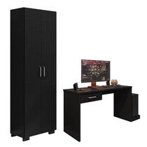 Mesa para Computador Gamer DRX 9000 e Livreiro Office com Portas Grandes Preto Trama - Móveis Leão