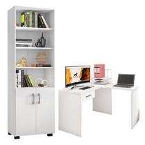 Mesa para Computador Gávea com Gaveta e Extensora e Livreiro Office com Portas Pequenas Branco Trama - Móveis Leão
