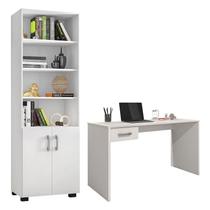 Mesa para Computador Gávea com Gaveta e Livreiro Office com Portas Pequenas Branco Trama - Móveis Leão
