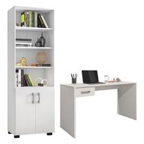 Mesa para Computador Gávea com Gaveta e Livreiro Office com Portas Pequenas Branco Trama - Móveis Leão