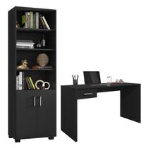 Mesa para Computador Gávea com Gaveta e Livreiro Office com Portas Pequenas Preto Trama - Móveis Leão