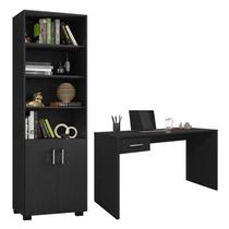 Mesa para Computador Gávea com Gaveta e Livreiro Office com Portas Pequenas Preto Trama - Móveis Leão Mesa para Computador Gávea com Gaveta e Livreiro Office com Portas Pequenas Preto Trama - Móveis Leão