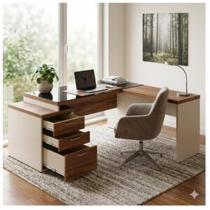 Mesa para Escritório em L” com VIDRO FUMÊ 1,92X1,60M NOGAL SEVILHA/BRANCO 34432