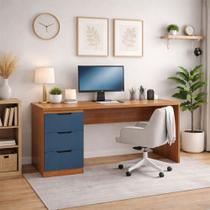Mesa para Escritório Madri 3 Gavetas Azul/Freijó - Politorno Mesa para Escritório Madri 3 Gavetas Azul/Freijó - Politorno
