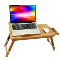 Mesa para Laptop de Bambu Bandeja para Café da Manhã Dobrável com Pernas Ajustáveis e Superfície Inclinável Multi-Posição com Gaveta Lateral para Armazenamento para Trabalho, Estudo, Leitura e Alimentação na Cama