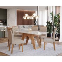Mesa para Sala de Jantar Carol 180 cm com 6 Cadeiras Juliana Cimol Nature/Off White/Madeira/Linho Bege