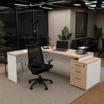 Mesa Pedestal Em L Com Cadeira Para Escritório Ergonômicas Netflex - Mesa Pedestal Em L Com Cadeira Para Escritório Ergonômicas Netflex -