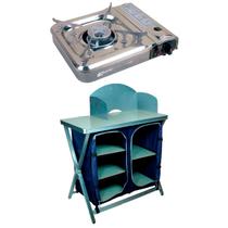 Mesa Portátil Armário Cucina + Fogareiro Diversos Modelos 1 ou 2 Queimadores Aço Inoxidável - NTK