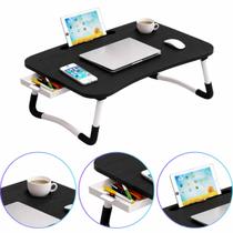 Mesa Portatil Suporte Notebook Com Gaveta Apoio Cama Sofá Tablet Copo Refeição Home Office Dobrável Preto TechnoLar