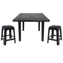 Mesa Quadrada Desmontável de Plástico 90cm Preta + 2 Banquetas Empilháveis