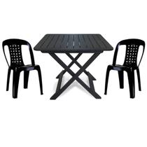 Mesa Quadrada Dobrável 80cm Preta + 2 Cadeiras Com Encosto Vime Empilhável
