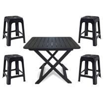 Mesa Quadrada Dobrável 80x72cm Preta + 4 Banquetas Empilháveis Mesa Quadrada Dobrável 80x72cm Preta + 4 Banquetas Empilháveis
