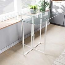 Mesa Quadrada Industrial Branca 70cm Tampo de Vidro Temperado
