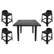 Mesa Quadrada Plástico Desmontável 90cm Preta + 4 Banquetas Com Encosto