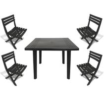 Mesa Quadrada Plástico Desmontável 90cm Preta + 4 Cadeiras Dobráveis