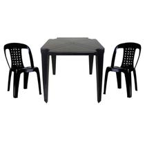 Mesa Quadrada Plástico Monobloco 70cm Preta + 2 Cadeiras Vime Empilhável