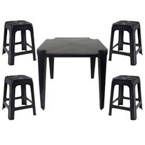 Mesa Quadrada Plástico Monobloco 70cm Preta + 4 Banquetas Empilháveis