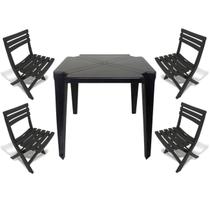 Mesa Quadrada Plástico Monobloco 70cm Preta + 4 Cadeiras Dobráveis
