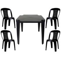 Mesa Quadrada Plástico Monobloco 70cm Preta + 4 Cadeiras Vime Empilhável