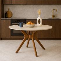 Mesa Redonda 110cm Sala Jantar Julia Pés Madeira Tampo Vidro Cor:OffWhite/Castanho Mesa Redonda 110cm Sala Jantar Julia Pés Madeira Tampo Vidro Cor:OffWhite/Castanho