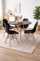 Mesa Redonda 90cm Com 4 Cadeiras Eames Eiffel Pés De Madeira Moderna Jantar Cozinha Preta